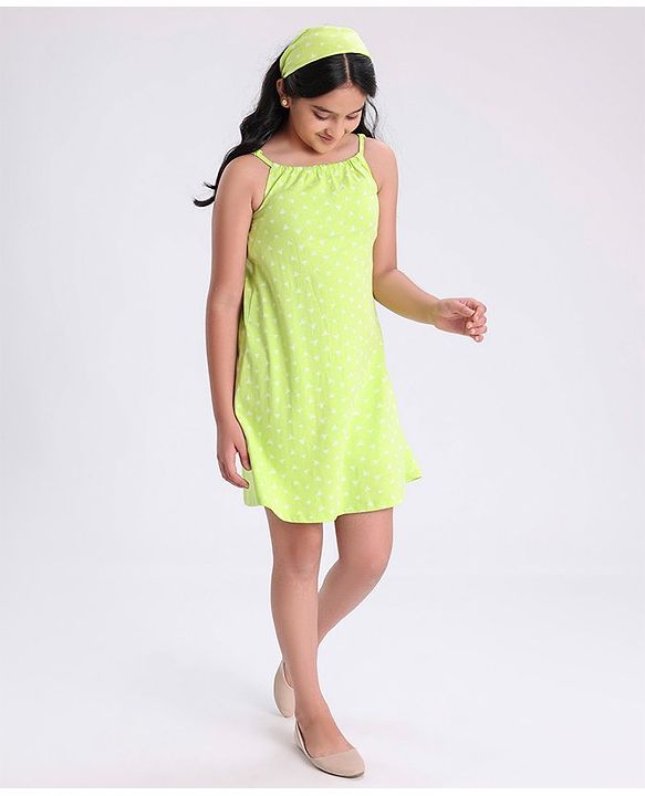 Pine Kids Sleeveless Bio Wash Frock Printed- Green