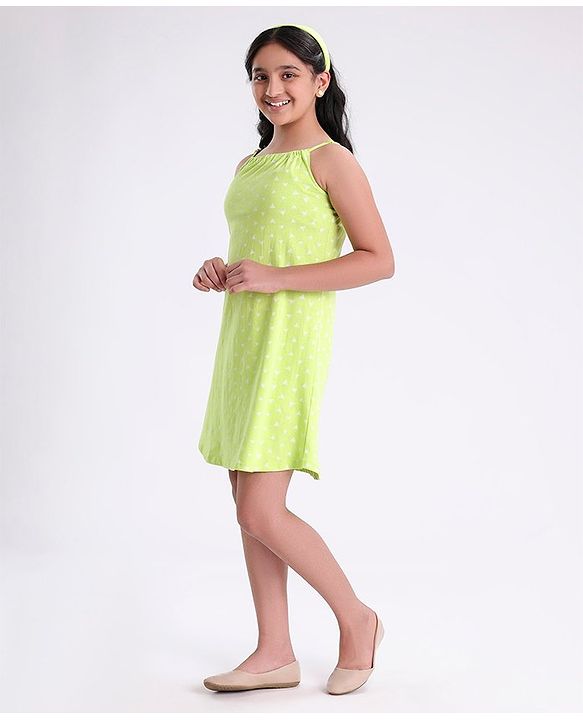 Pine Kids Sleeveless Bio Wash Frock Printed- Green
