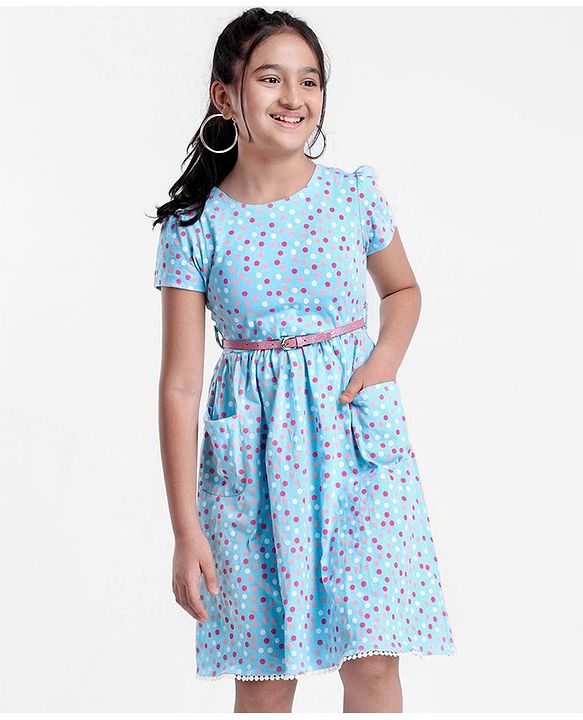 Pine Kids Half Sleeves Frock Dot Print - Blue