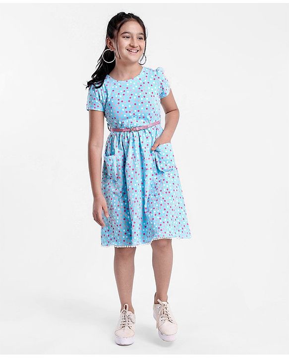 Pine Kids Half Sleeves Frock Dot Print - Blue