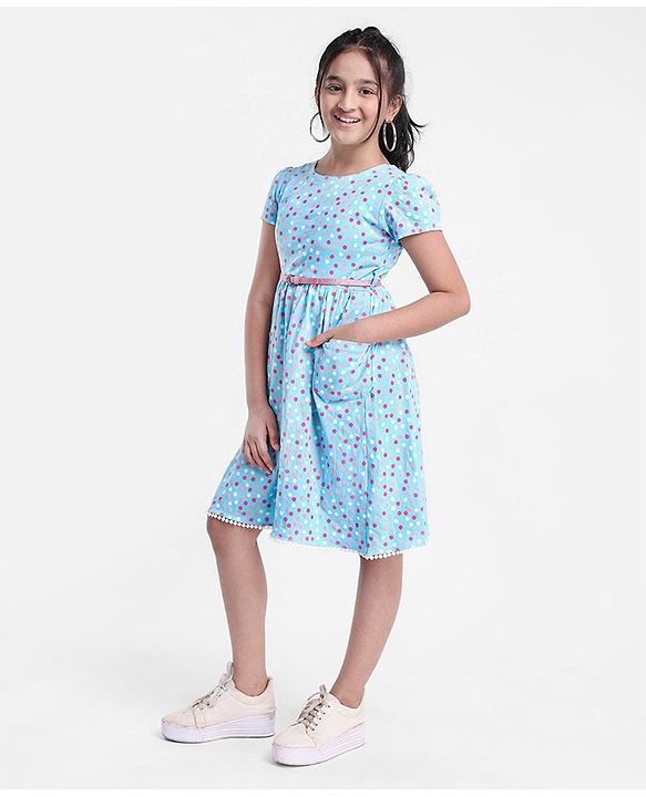 Pine Kids Half Sleeves Frock Dot Print - Blue