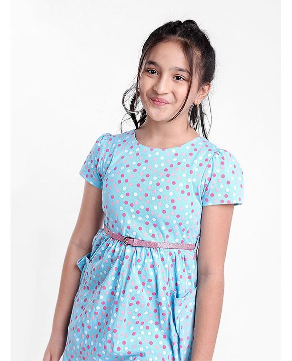 Pine Kids Half Sleeves Frock Dot Print - Blue