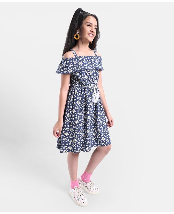 Pine Kids Cold Shoulder Sleeves Floral Print Dress- Blue