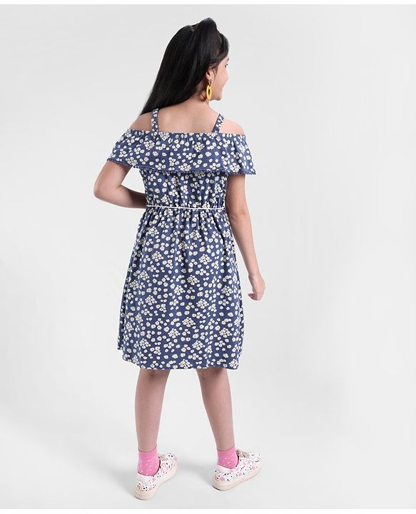 Pine Kids Cold Shoulder Sleeves Floral Print Dress- Blue