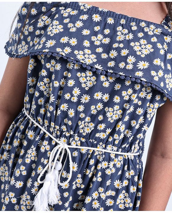 Pine Kids Cold Shoulder Sleeves Floral Print Dress- Blue