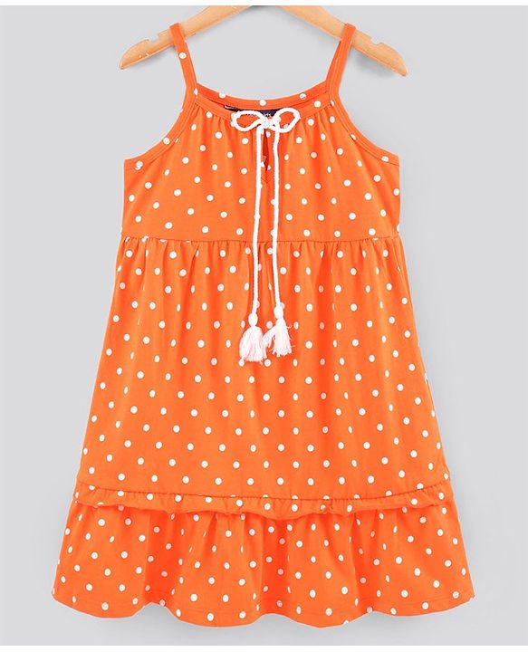 Pine Kids Sleeveless Bio Wash Frock Polka Dot Print- Orange