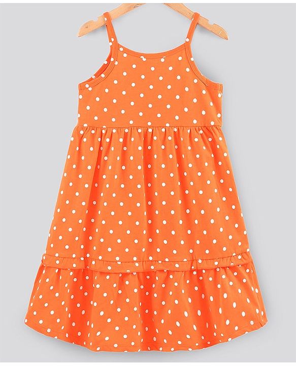 Pine Kids Sleeveless Bio Wash Frock Polka Dot Print- Orange