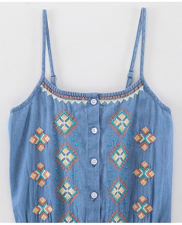 Pine Kids Singlet Denim Jumpsuit Geometric Embroidery - Light Blue