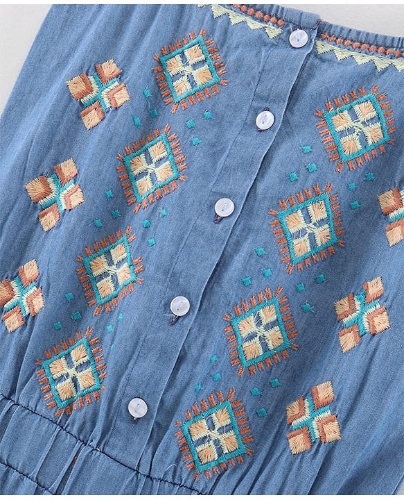 Pine Kids Singlet Denim Jumpsuit Geometric Embroidery - Light Blue