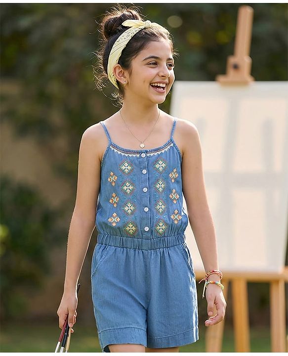 Pine Kids Singlet Denim Jumpsuit Geometric Embroidery - Light Blue