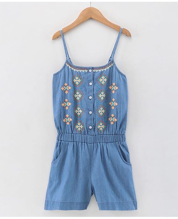 Pine Kids Singlet Denim Jumpsuit Geometric Embroidery - Light Blue