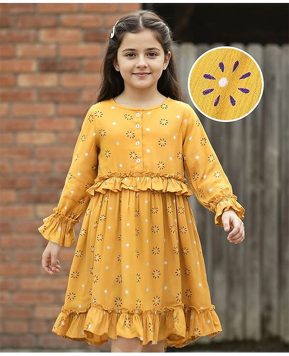 Pine Kids Full Sleeves Frock Polka Dot Print - Yellow