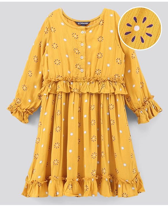 Pine Kids Full Sleeves Frock Polka Dot Print - Yellow