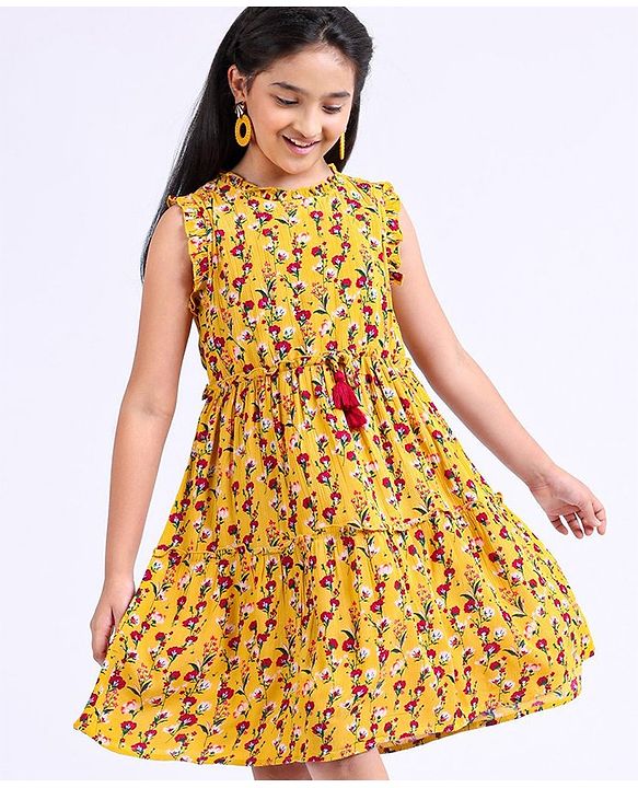 Pine Kids Sleeveless Knee Length Frock Floral Print - Yellow