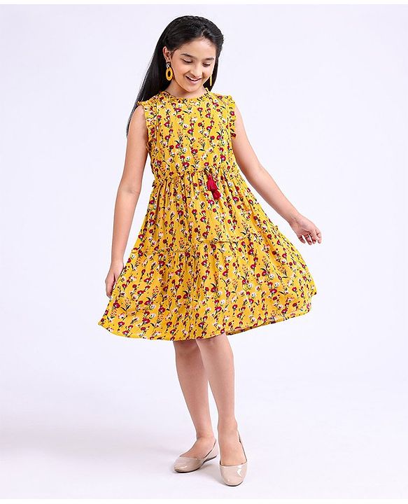 Pine Kids Sleeveless Knee Length Frock Floral Print - Yellow