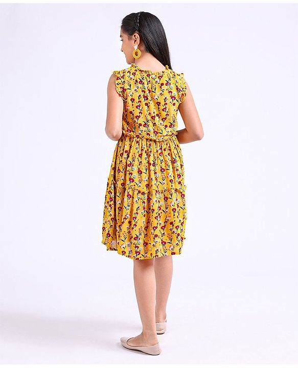 Pine Kids Sleeveless Knee Length Frock Floral Print - Yellow