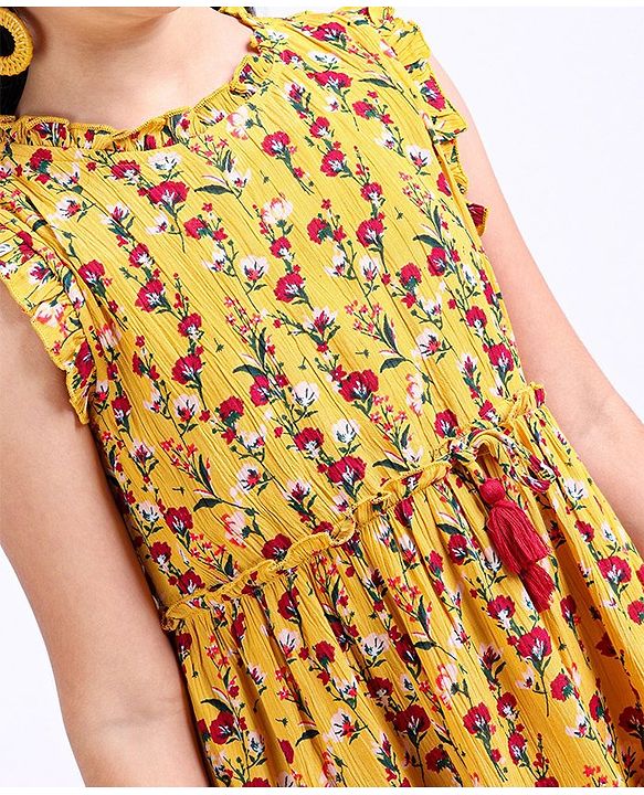 Pine Kids Sleeveless Knee Length Frock Floral Print - Yellow