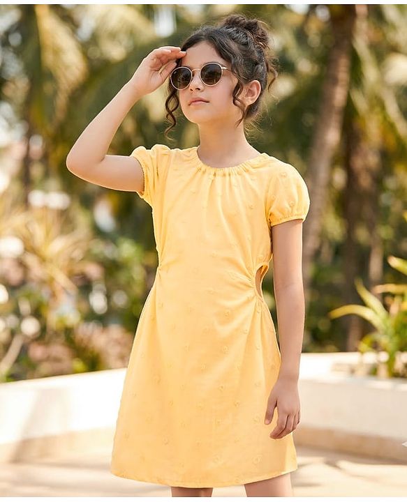 Pine Kids Half Sleeves Embroidered Frock - Yellow