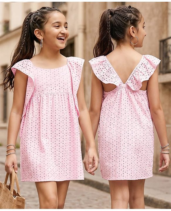 Pine Kids Sleeveless Cotton Schiffli Frock Solid- Pink