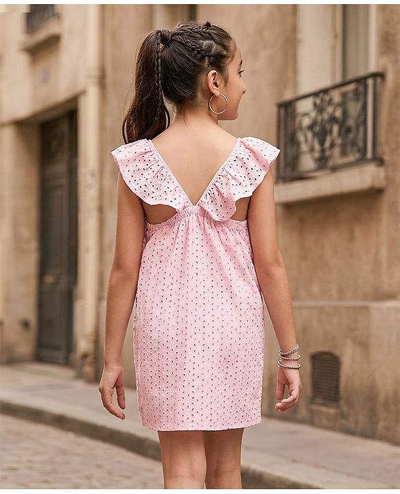 Pine Kids Sleeveless Cotton Schiffli Frock Solid- Pink
