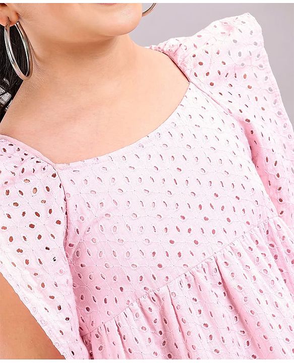Pine Kids Sleeveless Cotton Schiffli Frock Solid- Pink