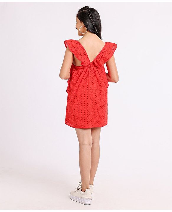 Pine Kids Sleeveless Cotton Schiffli Frock Solid- Red