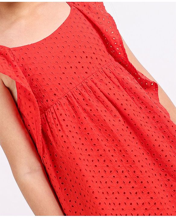 Pine Kids Sleeveless Cotton Schiffli Frock Solid- Red