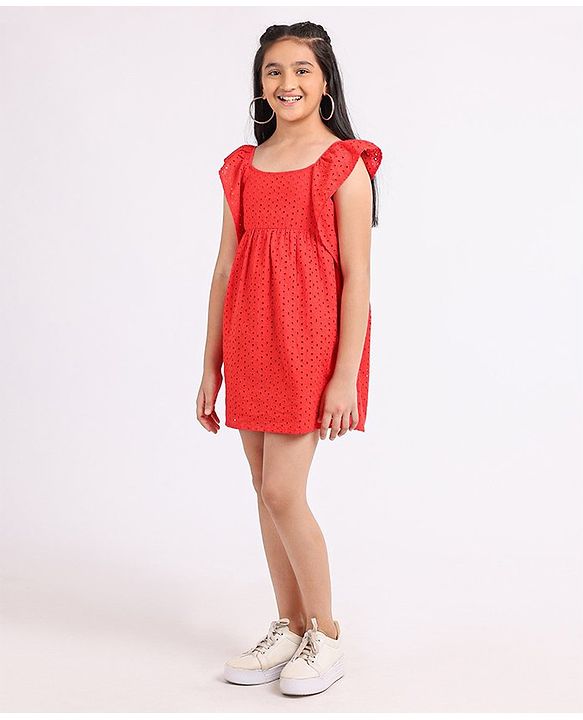 Pine Kids Sleeveless Cotton Schiffli Frock Solid- Red