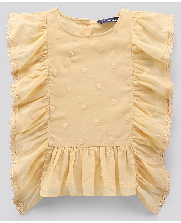 Pine Kids Flutter Sleeves Cotton Dobby Embroidered Top - Light Yellow