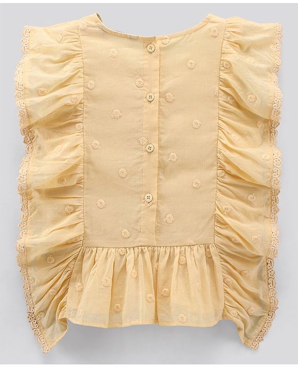 Pine Kids Flutter Sleeves Cotton Dobby Embroidered Top - Light Yellow