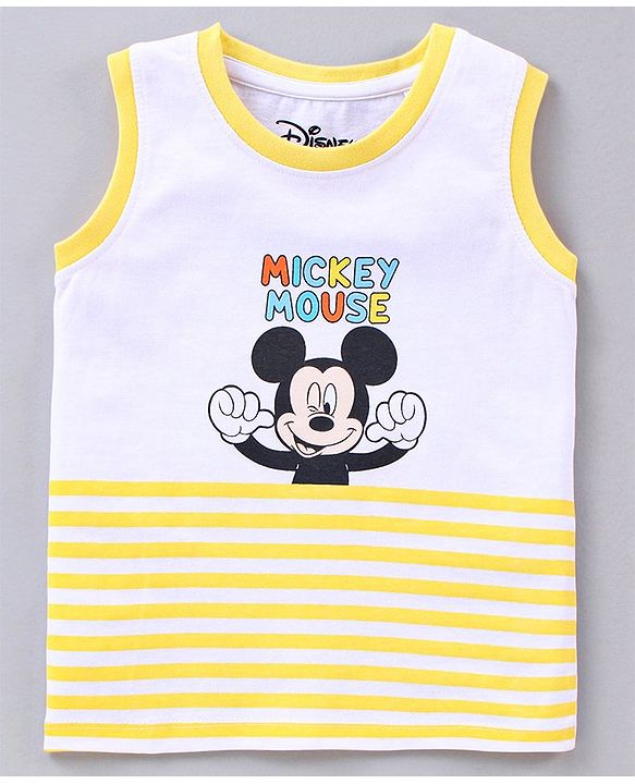 Babyhug Sleeveless Cotton T-shirt Mickey Mouse Graphic and Striped - Yellow White