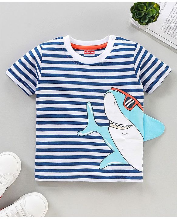 Babyhug Half Sleeves T-Shirt Stripes & Shark Print - Blue