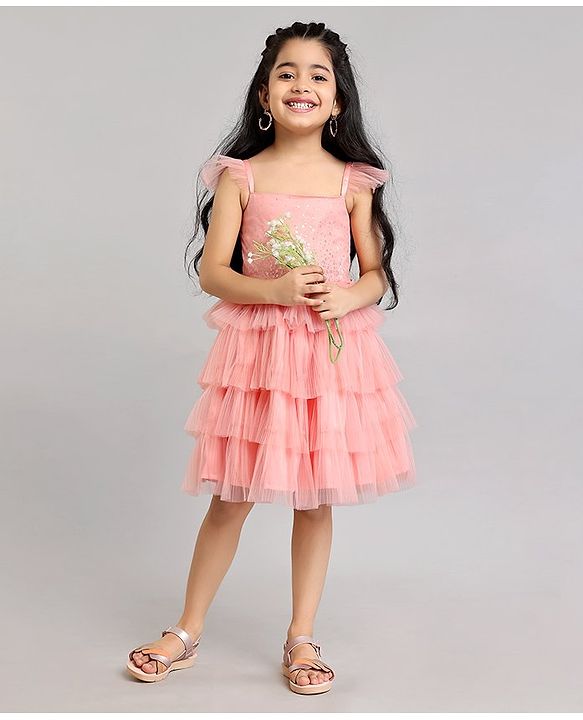 Babyhug Frill Sleeves Party Wear Tutu Tiered Frock with Sequins Applique - Peach