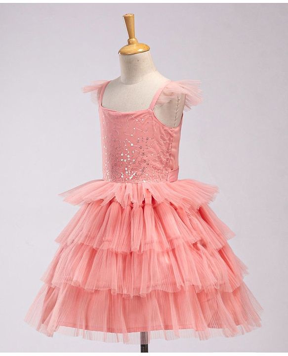Babyhug Frill Sleeves Party Wear Tutu Tiered Frock with Sequins Applique - Peach