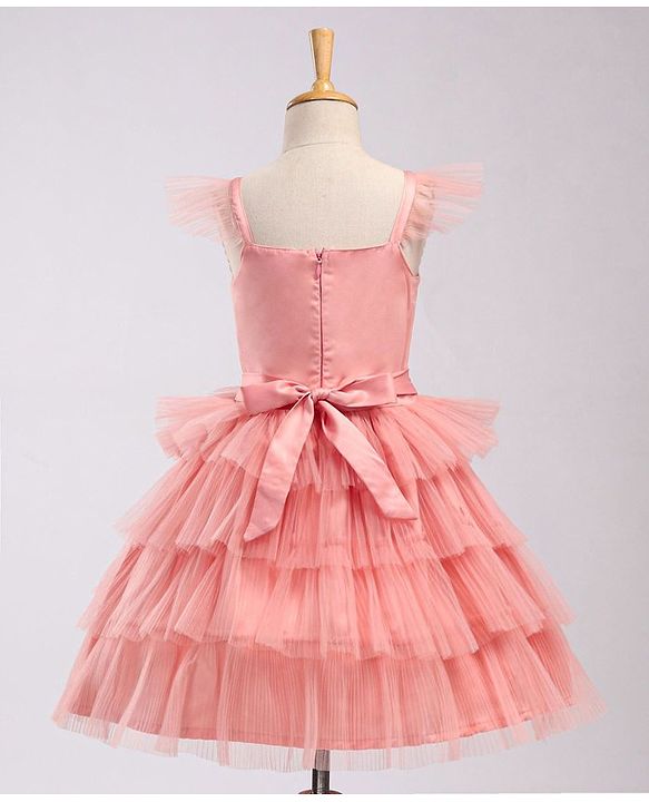 Babyhug Frill Sleeves Party Wear Tutu Tiered Frock with Sequins Applique - Peach