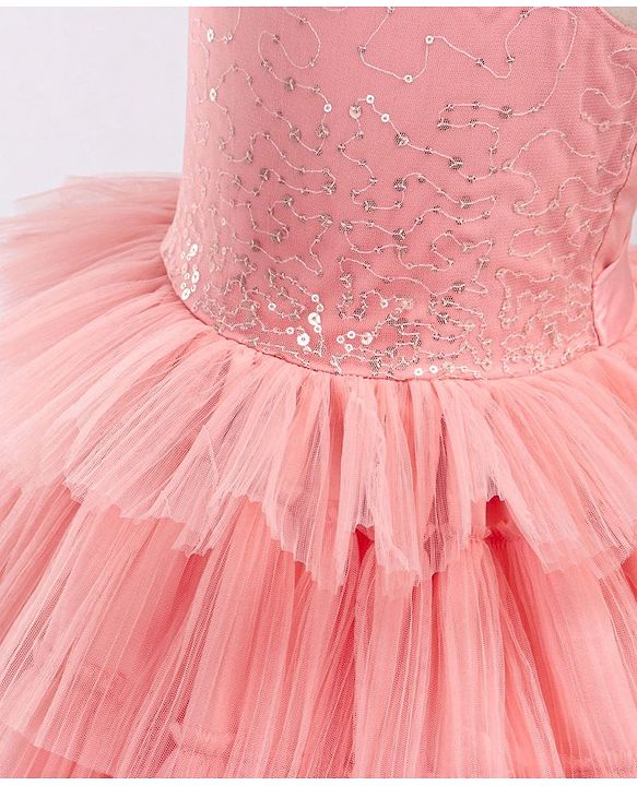 Babyhug Frill Sleeves Party Wear Tutu Tiered Frock with Sequins Applique - Peach