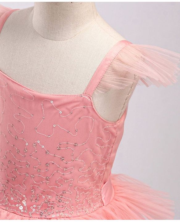 Babyhug Frill Sleeves Party Wear Tutu Tiered Frock with Sequins Applique - Peach