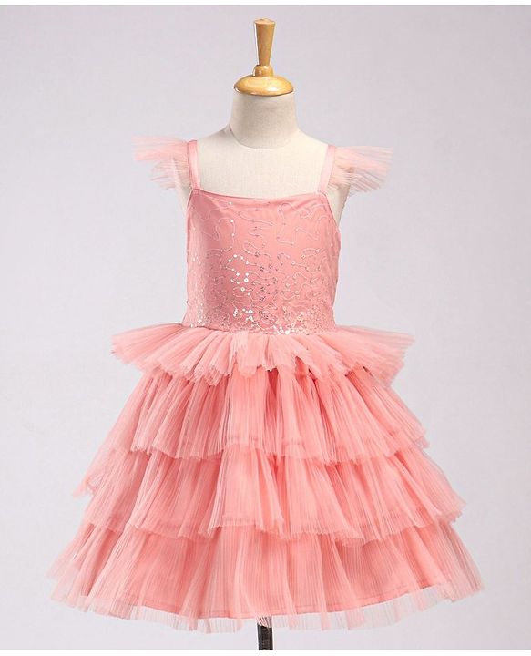 Babyhug Frill Sleeves Party Wear Tutu Tiered Frock with Sequins Applique - Peach
