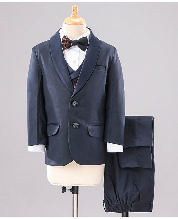 Babyhug Full Sleeves Solid Party Suit with Checked Bow and Waistcoat - Navy