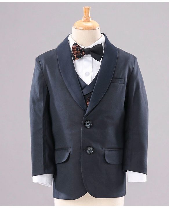 Babyhug Full Sleeves Solid Party Suit with Checked Bow and Waistcoat - Navy