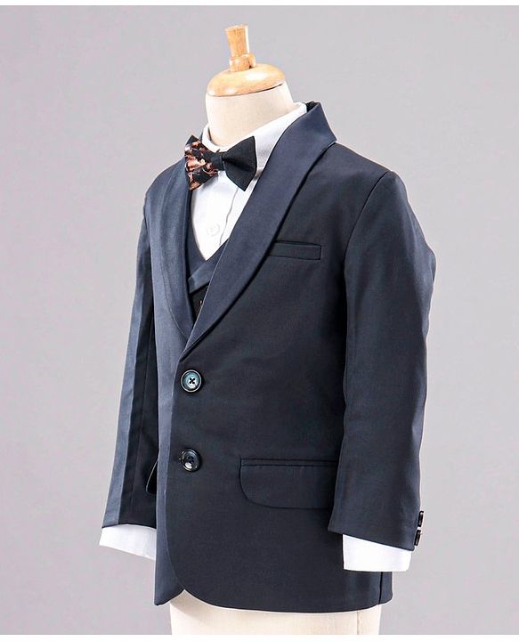 Babyhug Full Sleeves Solid Party Suit with Checked Bow and Waistcoat - Navy