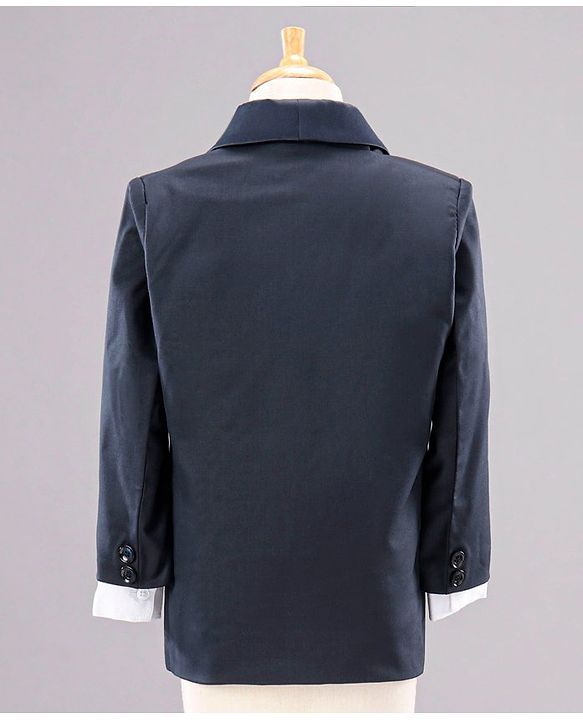 Babyhug Full Sleeves Solid Party Suit with Checked Bow and Waistcoat - Navy