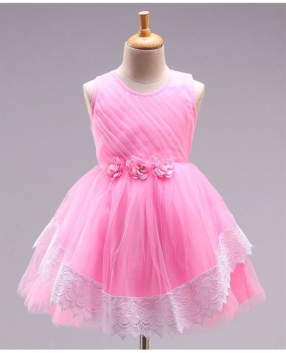Babyhug Sleeveless Fit and Flare Party Wear Frock with Corsage and Lace - Baby Pink