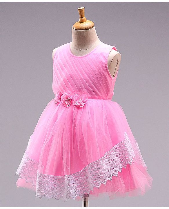 Babyhug Sleeveless Fit and Flare Party Wear Frock with Corsage and Lace - Baby Pink