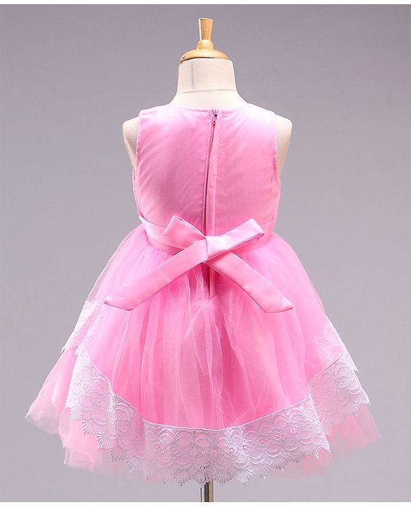 Babyhug Sleeveless Fit and Flare Party Wear Frock with Corsage and Lace - Baby Pink