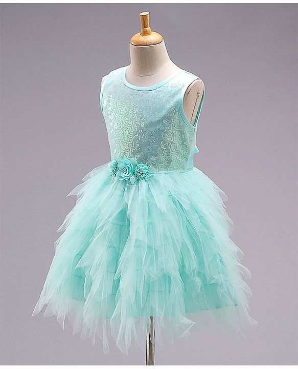 Babyhug Sleeveless Sequined Party Wear Asymmetrical Fit and Flare Frock with Corsage - Mint