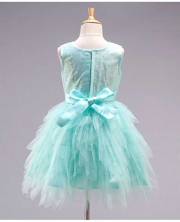 Babyhug Sleeveless Sequined Party Wear Asymmetrical Fit and Flare Frock with Corsage - Mint