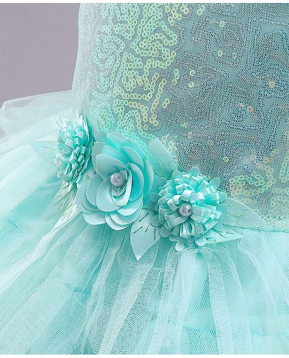 Babyhug Sleeveless Sequined Party Wear Asymmetrical Fit and Flare Frock with Corsage - Mint