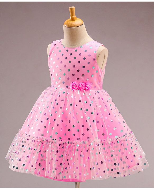 Babyhug Sleeveless Polka Printed Fit and Flare Party Wear Tiered Frock with Corsage - Pink