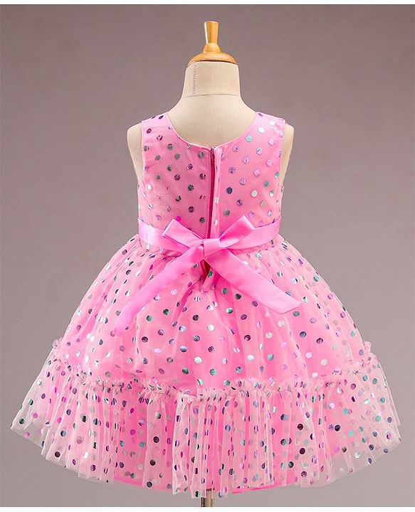 Babyhug Sleeveless Polka Printed Fit and Flare Party Wear Tiered Frock with Corsage - Pink